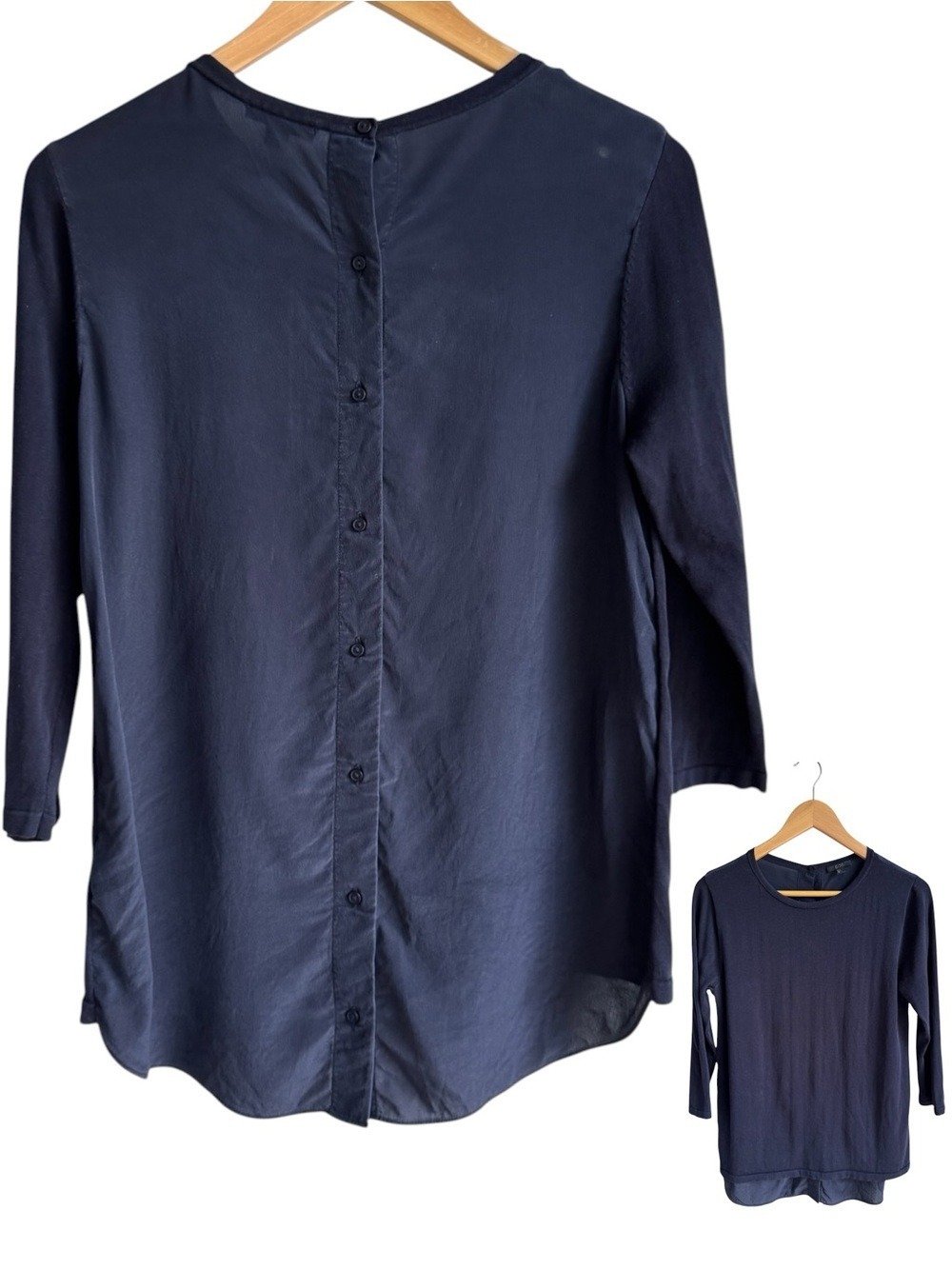 COS Navy Silk Cotton Top Sz S Button Up Back 3/4 Sleeve Shirt Blouse